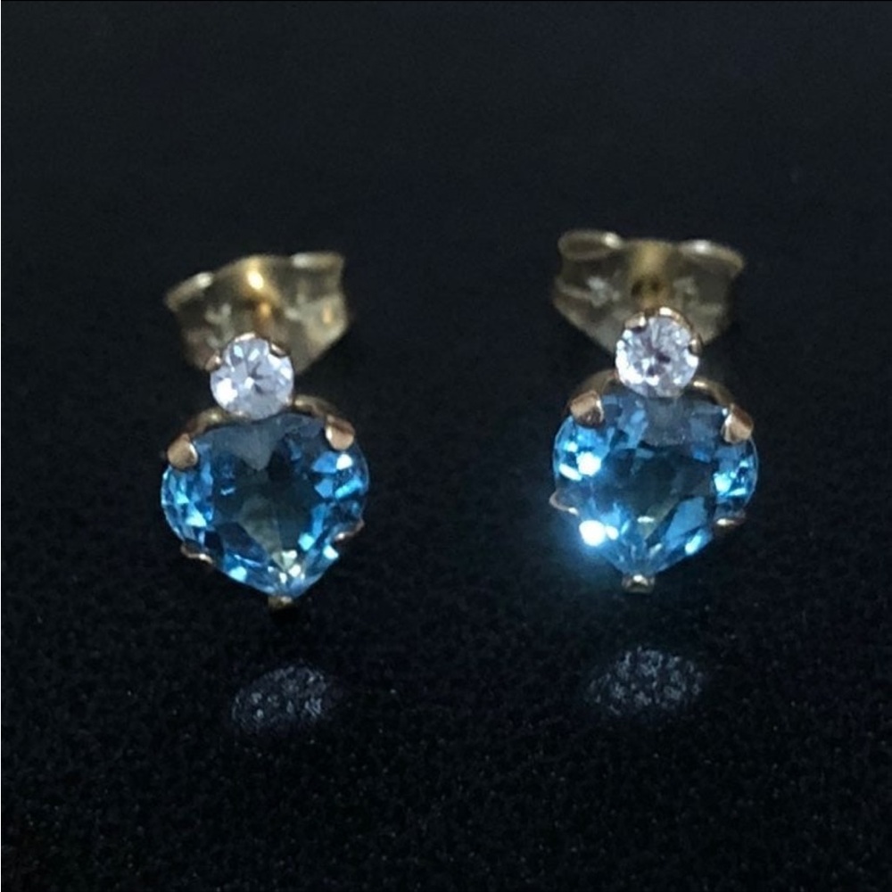 Heart shaped Blue Topaz earrings 10k yellow gold with simulated diamonds